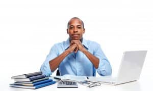 manager with different forms of paperwork on a white background