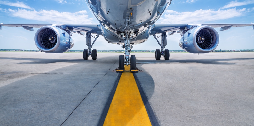 Front underside view of an airplane